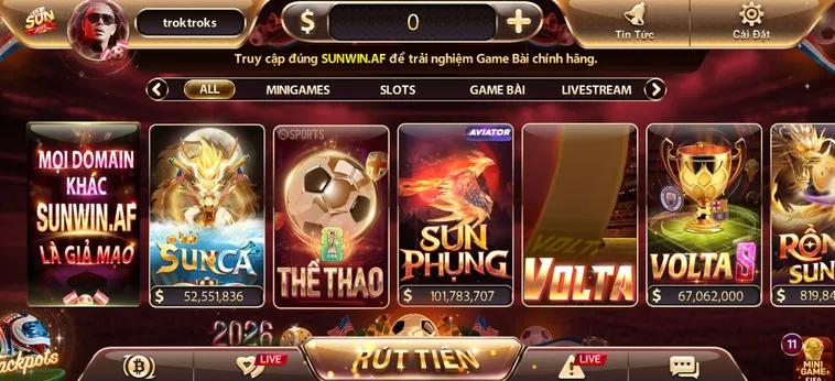 Đa dạng thể loại, giao diện hiện địa tại cổng game Sunwin
